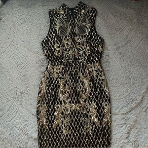 Lulu's Black and Gold Marquee Dreams Sequin Bodycon Midi Dress